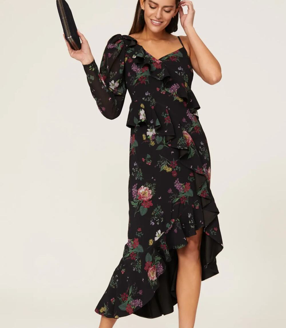 Amur Black Floral Chiffon Midi Dress SIZE 10 Cocktail Romantic Designer $600